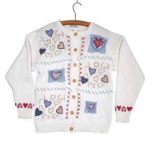 Susan Bristol 90s Cottagecore Cardigan Sweater 3D Hearts Valentines Day M Vtg